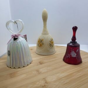 Lot of 3 Fenton Bells - Red Floral Signed, Custard Floral Signed, Heart Handled